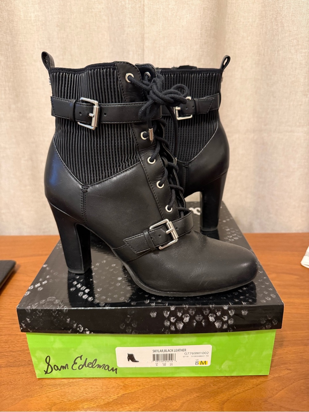 Sam Edelman “Skylar” Black Lace-Up Buckle High Heel Ankle Boots